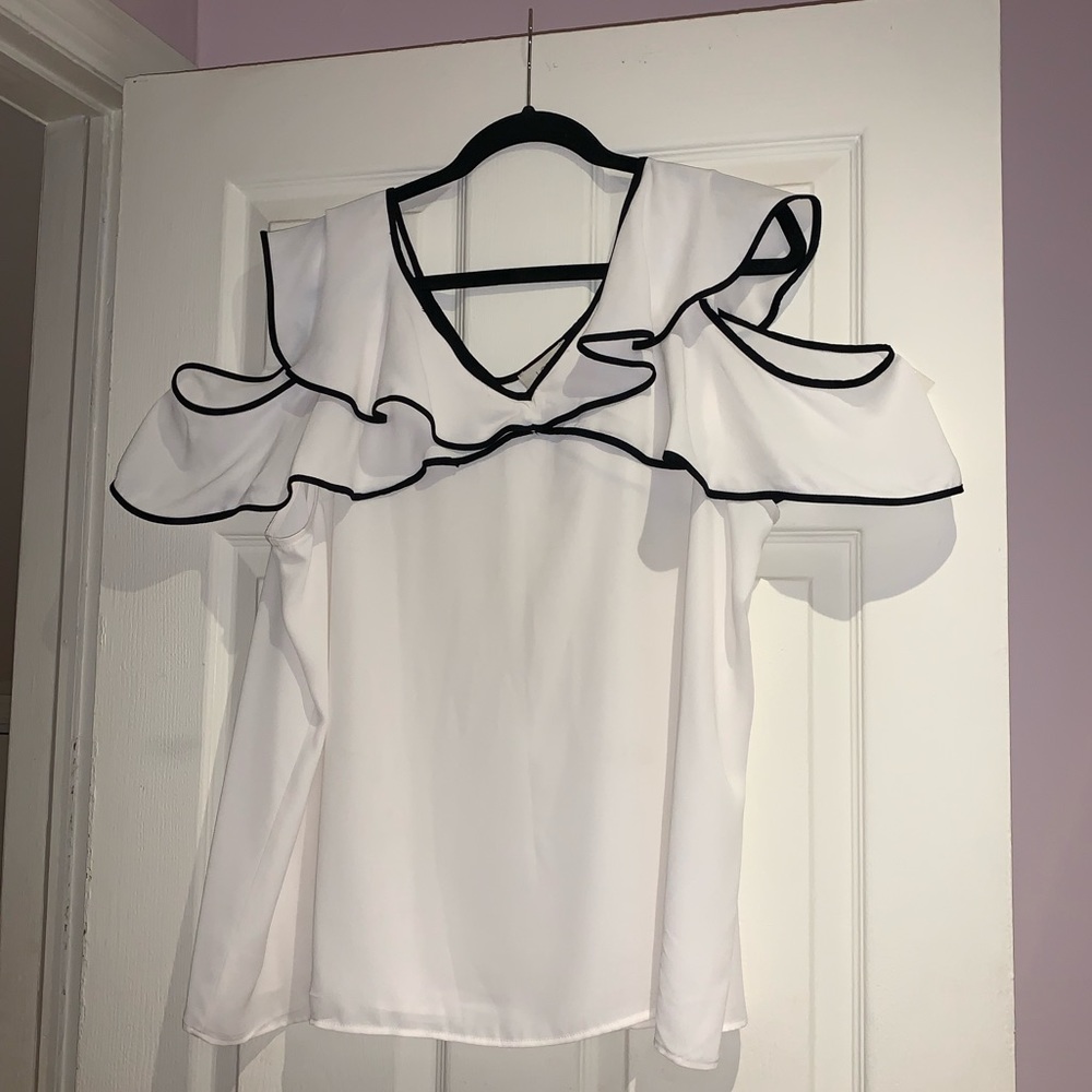 Loft open shoulder white ruffle black trim blouse